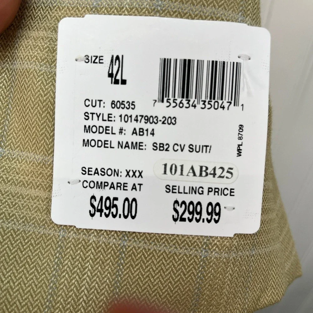 New Arnold Brant Bamboo Two Button Jacket Blazer Mens Beige Plaid Sz 42L $495new